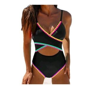 Popvil One Piece Womens Size Large Swimsuit Black And Neon Trim Modest And Sexy